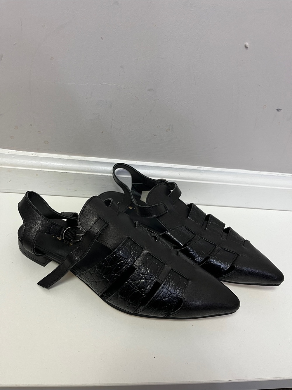ALL BLACK Black Pointed Leather Strappy Flats croc